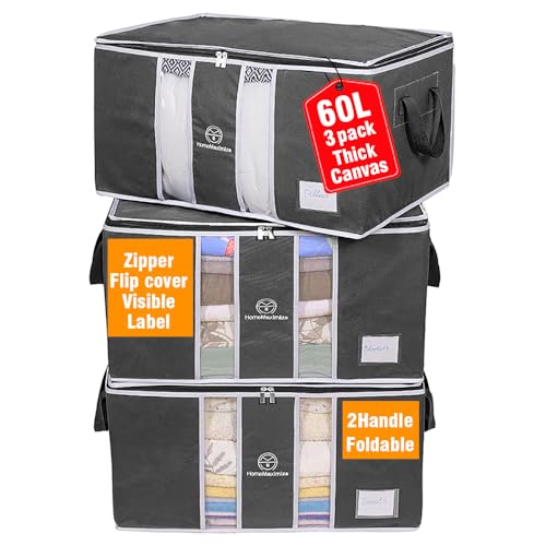 H M Home Maximize Clothes Storage Bag Organizer for, Blankets, Clothing, Comforters and Bedding Sets - Stackable with Zippers - Clear Window - 3 Pack Grey