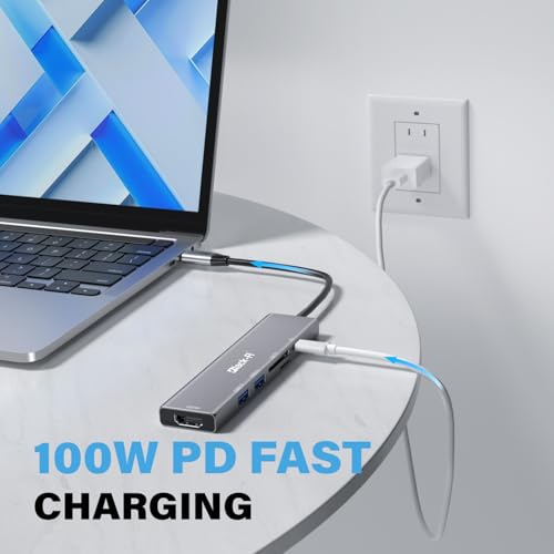Image of Black-R 6-in-1 USB C Hub Docking Station, 4K HDMI, 100W Power Delivery, 5Gbps Dual USB 3.0 Ports, TF /Micro SD Card Reader, Aluminium Multiport Adapter for Laptop /MacBook /Windows /Linux