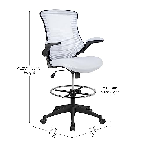 Image of Flash Furniture Kelista Mid-Back White Mesh Ergonomic Drafting Chair | Adjustable Foot Ring, Flip-Up Arms | Comfort and Productivity