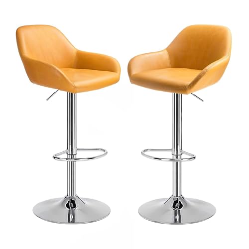 Decor & More PU Leather - Bar Stool | Modern Height Adjustable Bar Chairs for Home | 360 Degree Swivel Seat Top | Bar Chairs for Home Kitchen with Footrest |Bar Stools Set of 2, Yellow