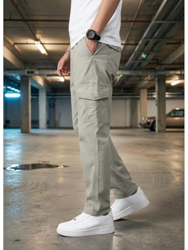 Image of Men's Cargo Trousers-100% Premium Cotton Regular Fit Lightweight Breathable Elastic Waist Multi-Pocket Casual Utility Pants