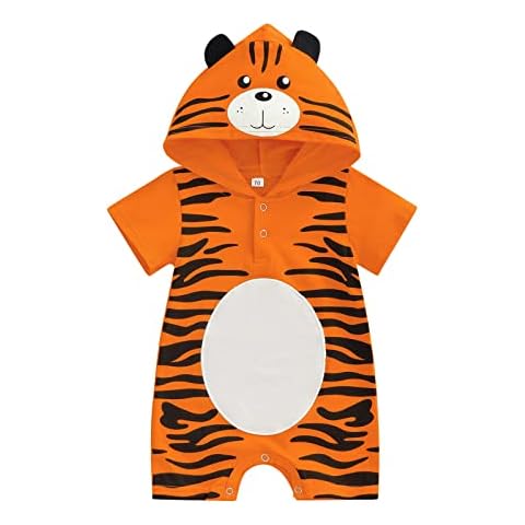 ESSECMBS Newborn Baby Girl Boy 0-18 Months Tiger Romper Short Sleeve Little Tiger Printed Loose Bottom Snap One-Piece Bodysuit (Orange, 6-12 Months) Cover