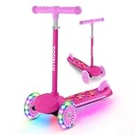 TONBUX 3 Wheel Tri Scooter, Easy Folding System, Height Adjustable Handlebars, Tilt To Turn Steering, Kids Aged 3+ Years (Rose Red)