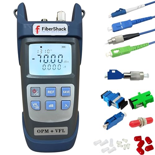 FiberShack - Optical Power Meter & 10km Fiber Tester Kit - Fiber Light Meter VFL & OPM Also Includes Carry Case, FC to ST, SC, SCAPC & LC Optical Jumpers, Couplers, Dust Caps & FC to LC/SC Adapters