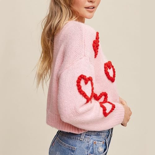 Image of Valentine's Day Cardigan Sweaters for Women Love Heart Print Button Down Cropped Cardigans Y2K Open Front Knit Sweater