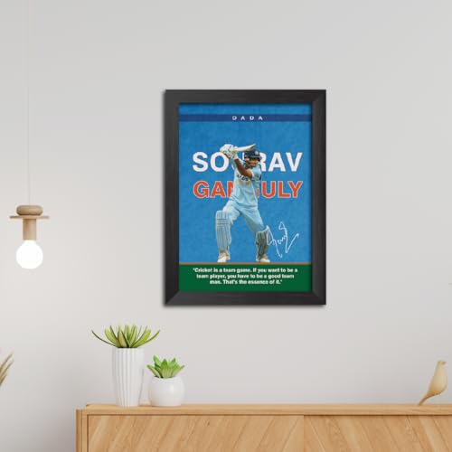 Image of TenorArts Sourav Ganguli Poster with Quotes Indian Legend Cricket Player Photo Frame Painting with Matt Finish Black Textures (12 inches x 9inches)
