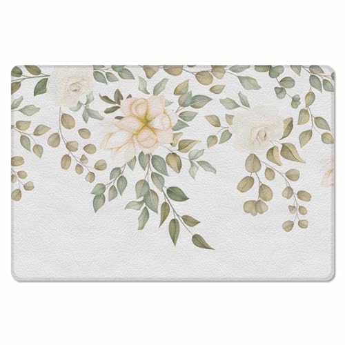 Romantic Flower Kitchen Bath Door Mat Cushioned Runner Rug,Washable Welcome Floor Sink Antifatigue Mat,Waterproof & Non-Slip Comfort Standing Doormat,Green Eucalyptus Leaves Chic Art 18