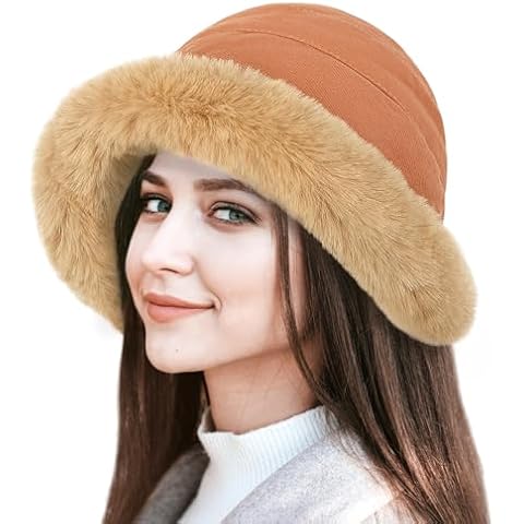 Gllutt Winter Bucket Hat for Women with Fluffy Faux Fur Brim Faux Lamb Fur Lining (Mongolian Orange) Cover