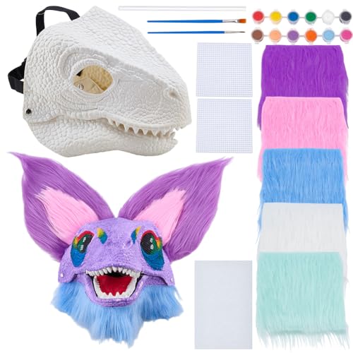 WEBEEDY DIY Dino Mask with Paint Kit Dinosaur Mask Moving Jaw Furry Therian Dino Masks Kit Jurassic Dinosaur Masks with Faux Fur Mesh Sheets Acrylic Paints for Halloween Party Cosplay Handmade Gift