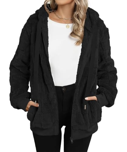 EIRUKON Abrigo Mujer Caliente Esponjoso Invierno Chaqueta Grueso Abrigos Sudadera Polar con Capucha Cremallera de Peluche Cálido Outerwear,Negro,M