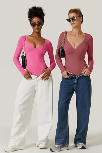 Image of QINSEN Women's Long Sleeve Bodysuit V Neck Body Suits Seamed Cup Going Out Tops Shirt