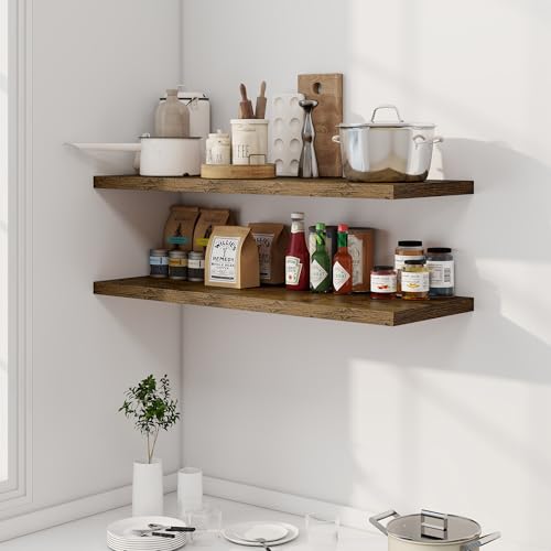 Image of Dreamland 40 inch Floating Shelves for Wall, 12 inch Deep Slim Rustic Brown Floating Shelves, Wall-Mounted Shelves for Bedroom, Living Room, Kitchen, Bathroom - Set of 2