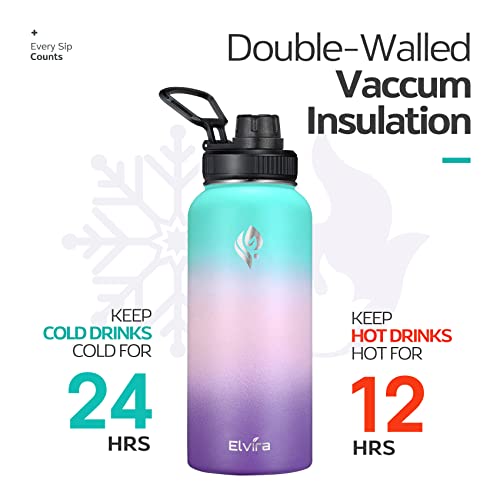 Elvira 32Oz Vacuum Insulated Stainless Steel Water Bottle With Straw & Spout Lids, Double Wall Sweat-Proof Bpa Free To Keep Beverages Cold For 24Hrs Or Hot For 12Hrs-Green/Pink/Purple Gradient #TOP3