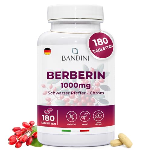 Bandini® Berberin 1000mg rein hochdosiert | 180 vegane Tabletten - Berberin HCl aus Berberis Aristata 97% + Chrom und Schwarzer Pfeffer | Maximale Absorption - Verdauung, Leber, Darmfunktion