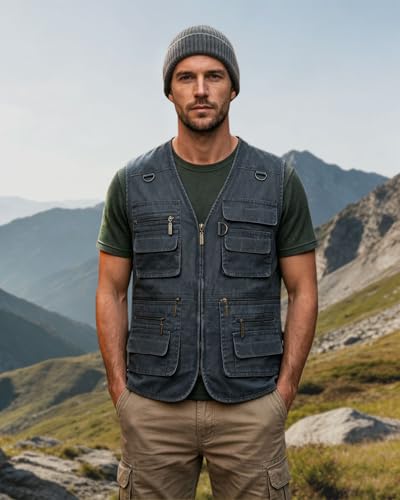 KTWOLEN Herren Outdoor Weste mit Multi-Taschened Anglerweste Jagd- und Angler Camping Wandern Weste Freizeit Ärmellos Jacke, Blau, XXL
