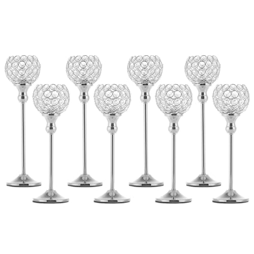 8Packs Candle Holders Bulk Silver Centerpiece Table Decorations,Metal Crystal Candlestick Holders for Wedding Table Party Church Modern Decorative