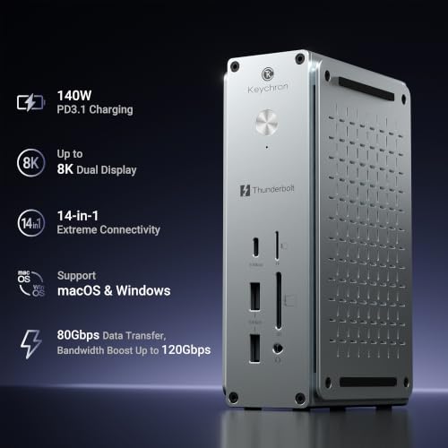 Keychron Thunderbolt 5 Dock, 14-in-1 Laptop Docking Station, 80Gbps Bi-Directional Bandwidth, Up to 120Gbps Boost, Dual