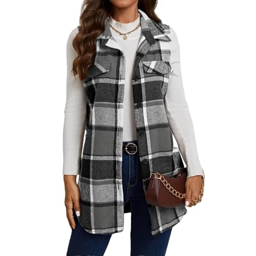 Womens Plaid Vest Fall Flannel Vest Casual Button Down Shirts Sleeveless Long Jacket Lightweight Lapel Neck Coat