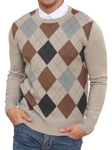 RQP Men's Crewneck Sweater Slim Fit Argyle Pattern Long Sleeve