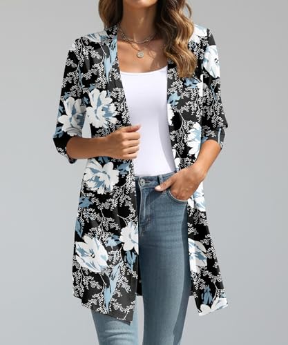 Image of YSYOKOW Womens Open Front Long Cardigan 3 /4 Sleeve Lightweight Knit Cardigan Casual Layering Spring Summer