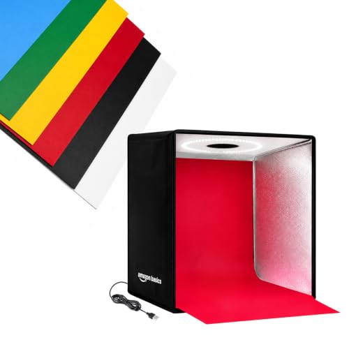 Image of Amazon Basics Portable Light Box 40x40cm, Professional Dimmable Photo Box with 6800K LED Lights, High CRI, 5 Color PVC Backdrops, for Jewellery & Small Product Photography