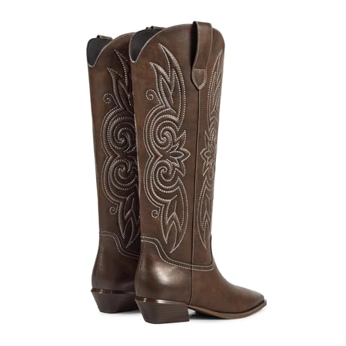 ISNOM Cowboy Cowgirl Boots for Women, Western Boots Square Toe Knee High Boots with Low Heel2