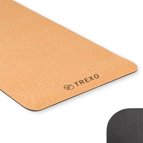 TREXO Yoga kork TPE yogamatta 61 x 183 cm, 6 mm tjock svart, för inomhus klubb pilates stretching gymnastik YM-C01C