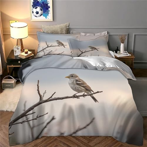 Housse de couette oiseau perché 3D en microfibre anti-décoloration lit double 200x200