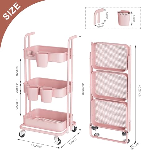 Image of DTK 3 Tier Foldable Rolling Cart, Metal Utility Cart with Lockable Wheels, Folding Storage Trolley for Living Room, Kitchen, Bathroom, Bedroom and Office, Pink