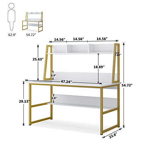 Tribesigns Computer Desk With Hutch, 47 Inches Home Office Desk With Space Saving Design With Bookshelf For Small Spaces (White &Gold, 47) #TOP6