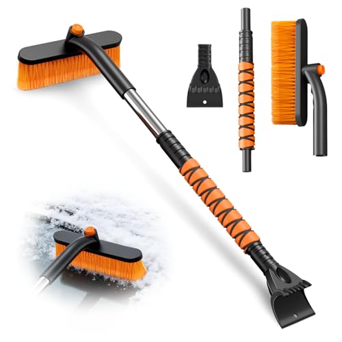 Sartis 33" Snow Brush and ice Scraper for car Windshield, 2 in 1 with 360°Rotating Brush Head, Thick PVC Brush,Detachable and Assembled, with Ergonomic Foam Grip for Cars(Heavy Duty ABS,Orange)