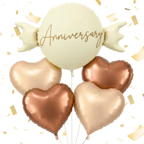 Image of Wanna Party Happy Anniversary Candy Shape Foil Balloon Set of 5 for Celebration Decoration | Candy Balloon with 2 Copper Heart Balloons & 2 Caramel Nude Heart Balloons | Helium Supported Party Decor