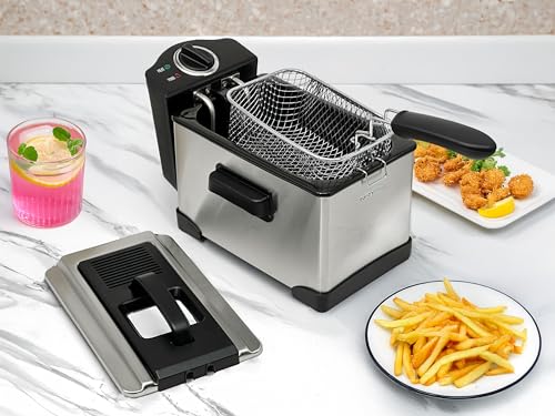 2 L / 2.1 Qt Stainless Steel Immersion Electric Deep Fryer 1400 W - Drip-Hook Basket - Precise Temperature Control - Lid w. Viewing Window - Odor Filter by TheDisplayGuys