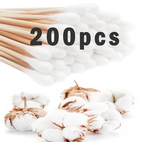 MINGZE Bastoncillos de algodón de 200 piezas, hisopos largos, hisopos de algodón con asas de madera, LIMPIEZA herramienta cosmética de punta única, paquete de 2 / Total 200 piezas