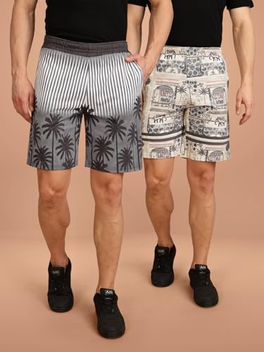 Image of BULLMER Regular Fit Cotton Blend Summer Shorts for Men - Pack of 2 | Printed Shorts for Men Blue /Beige