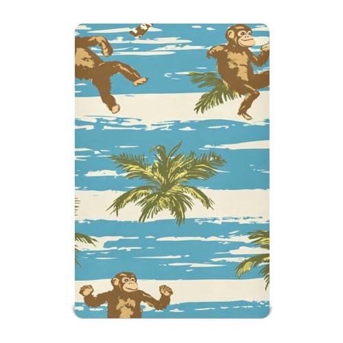 Image of Crib Sheet Breathable Soft Crib Mattress Sheet for Baby Toddler Boys Girls Fitted Crib Sheet Fit Standard Crib Mattress 52 x 28 Inch Monkeys Palm Leaves Blue White Stripes