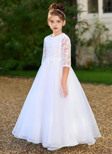 Tulle Flower Girl Dresses for Wedding Half Sleeve Lace Appliques First Communion Dresses for Girls3