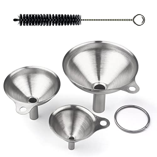 Amfrpar 3 Teiliges Set Trichter Edelstahl Küchentrichter Stapelbar Klein Trichter Küche Edelstahltrichter mit Reinigungsbürste zur Übertragung von Flüssigkeit Öl Pulver 5,7/7/9 cm