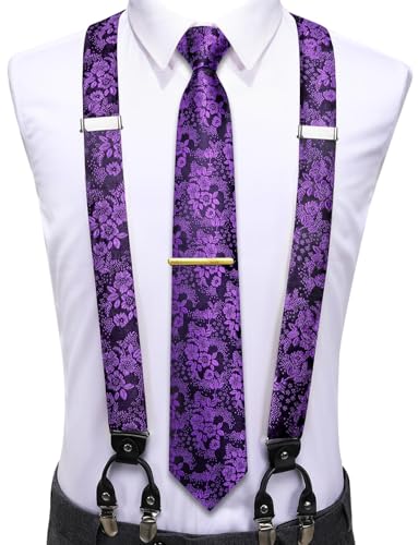 Image of Hi-Tie Men's Suspenders and Tie Set Silk Adjustable Elastic Y Braces with Strong 6 Clips Pocket Square Set