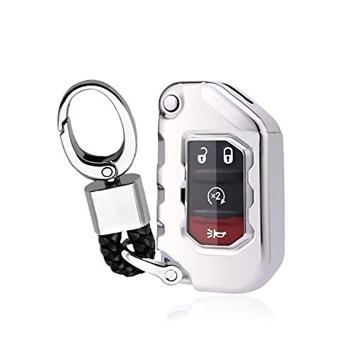 SANRILY キーフォブケースカバー 1個 ジープ ラングラー グラディエーター 2020 キーレスリモートフリップキーシェル ソフトTPUキーホルダー キーホルダー付き シルバー