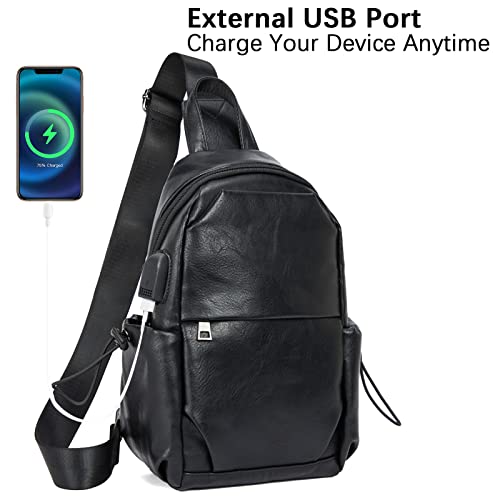 Bostanten Sling Bag Leather Crossbody Backpack Shoulder Bag For Men Travel Hiking Everyday Use, Black #TOP2