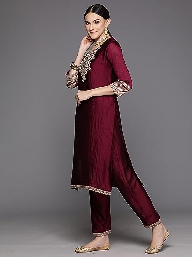 Image of INDO ERA Womens Silk Blend Embroidered Straight Kurta Pant Dupatta Set (KH9WN7266)