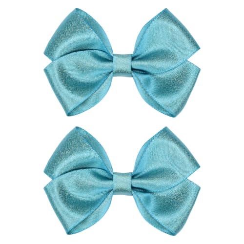 ZOLYCO Tiny 3 Inch Glitter Hair Bows Clips - Lined Boutique Alligator Hairpin for Baby Girls, Toddlers, and Little Teens - Kids Barrettes Set of 2 Small Stylish (Turquoise)