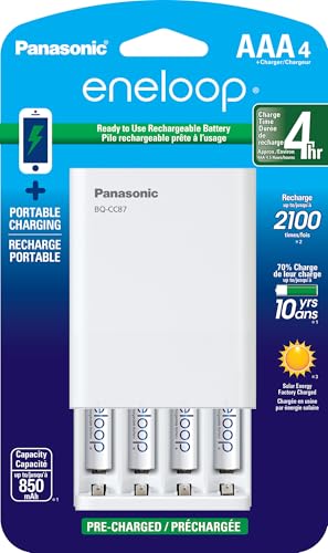 eneloop Panasonic K-KJ87M3A4BA Individual Battery Charger with Portable Charging Technology and 4AAA Rechargeable Batteries White
