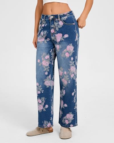 Kedera Women's Baggy Straight Jeans Casual Boyfriend Mid Rise Floral Printed Wide Leg Denim Ankle Pants3