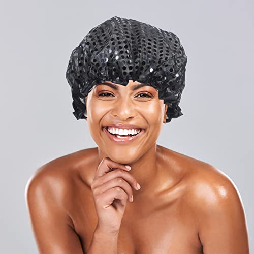 FOMIYES Large Shower Cap Shower Cap Sequin Bathing Bonnet Elastic Sauna Cosmetic Cap Hair Protective Cover Reusable Beauty Salon Spa Hats Bathtub Accessories for Women Girls Black Hair Sleeping Cap - Image 4