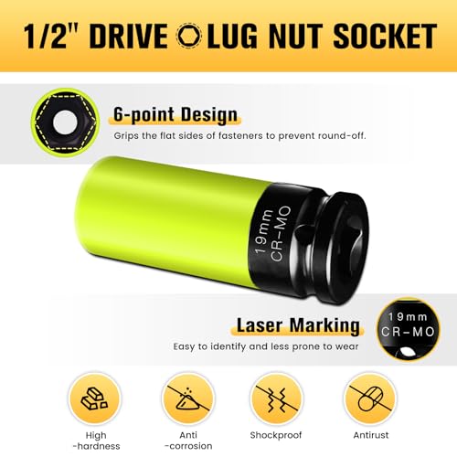 Image of BOEN 19mm 1 /2 inch Drive Wheel Protector Impact Socket, Non-Marring Lug Nut Thin Wall Deep Socket Set, Chrome-Molybdenum Steel, 6 Point, Color-Coded Protective Socket