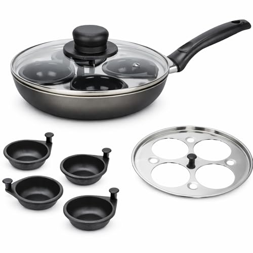 SK COOKWARE 4 Egg Poacher Pan Non Stick Poaching Pan 20cm Aluminium with Glass Lid & Removable Cups Saucepan for Gass Easy Clean Cooking