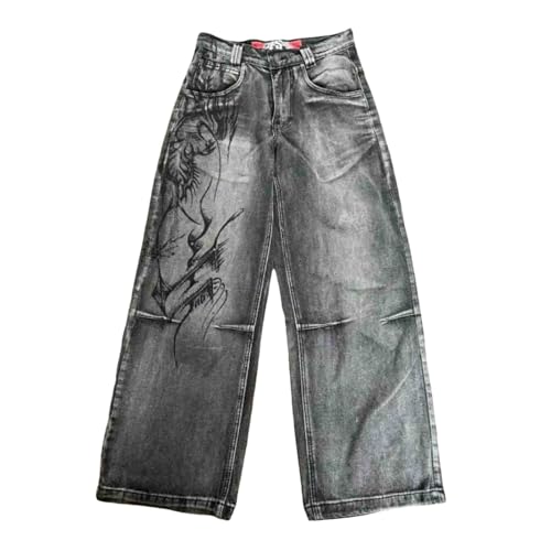Hip hop Men's and Women's Retro Printed Jeans Street Hip-hop Y2K Gothic Straight Leg Loose Wide Leg Pants
