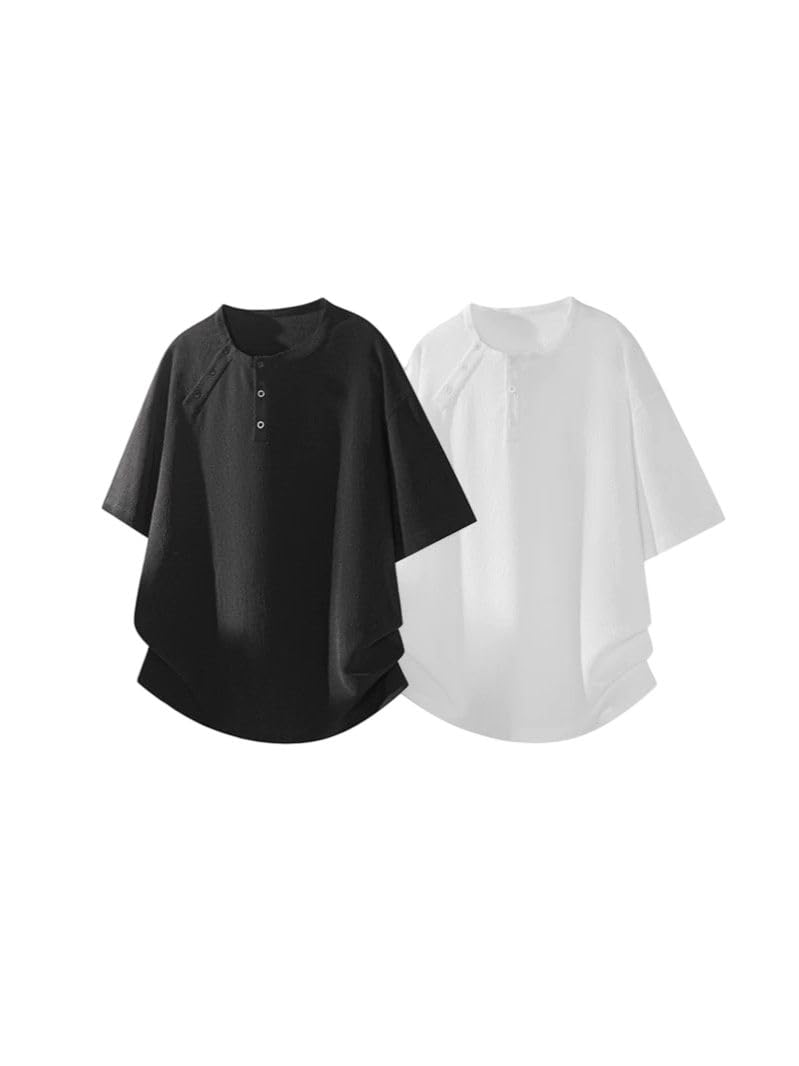 Camiseta de manga corta estilo Hong Kong para hombre, estilo Henley, ajuste holgado, para viajes diarios, fin de semana